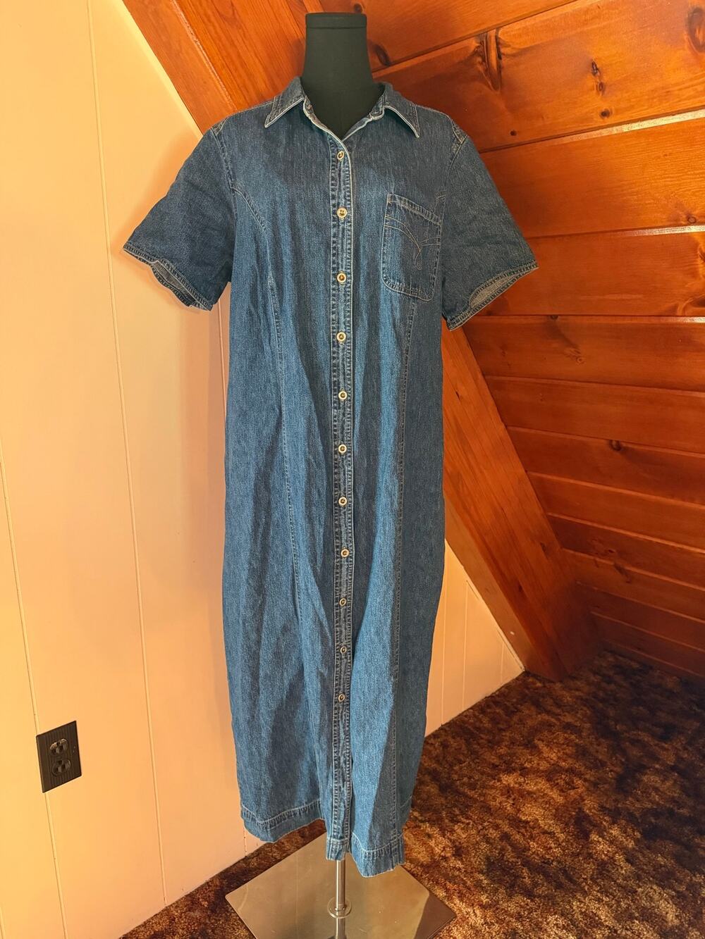 Vintage 90s Cotton Blue Jean Denim Short-Sleeve Shirt Maxi Dress sz 18W